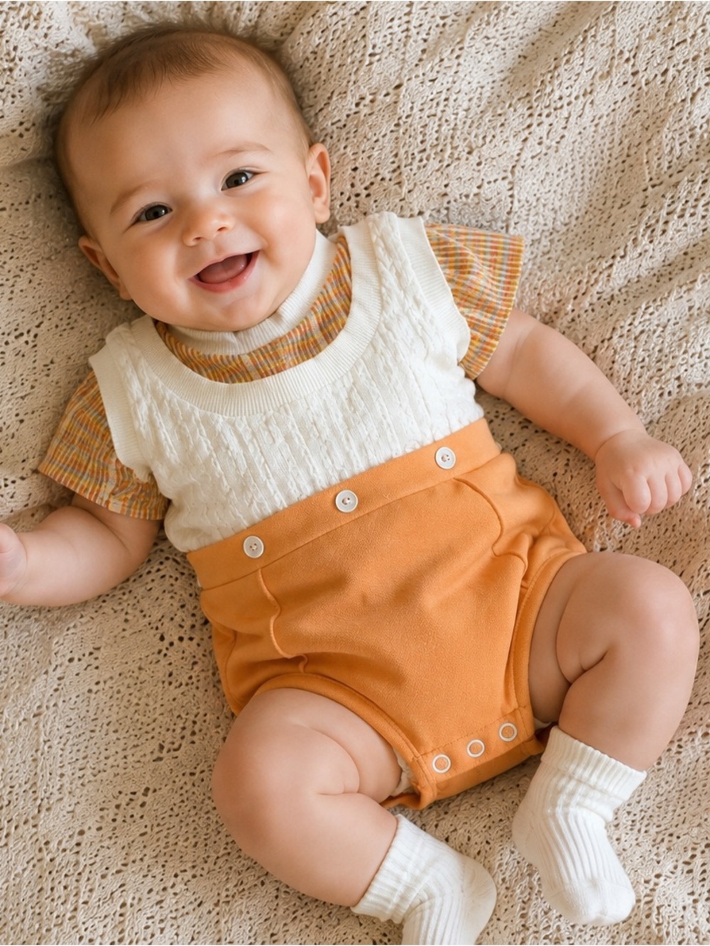 Vintage Baby Orange & Cream Layered Romper Bodysuit – Estimated 6–9 Months